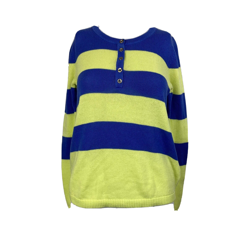 Lilly‎ Pulitzer Sweater Womens Sz S Blue Yellow Striped Cotton Half Button Up